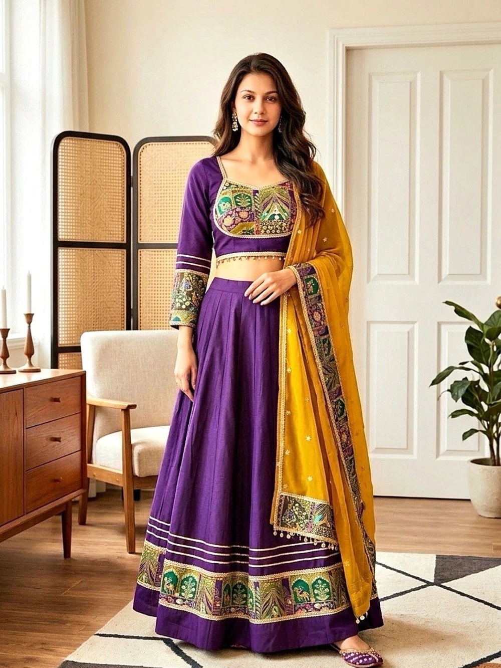Purple & Yellow Embroidered Lehenga Set